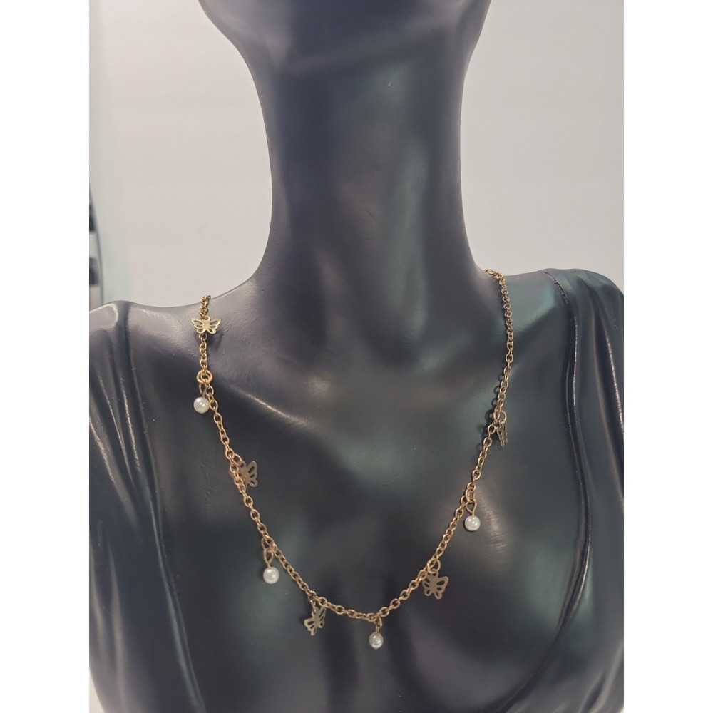 Gold Tone Butterfly Charm Necklace White Beaded Dangle Delicate